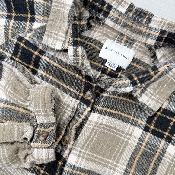 American Eagle Tops - Vtg Y2k American Eagle Womens Sz Med Plaid Flannel Button Up Shirt Brown Black